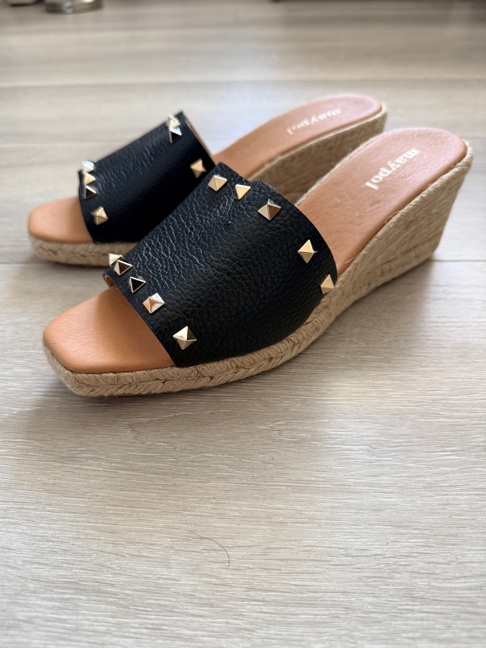 Maypol Black Leathet Studded Wedge Slide Sandals